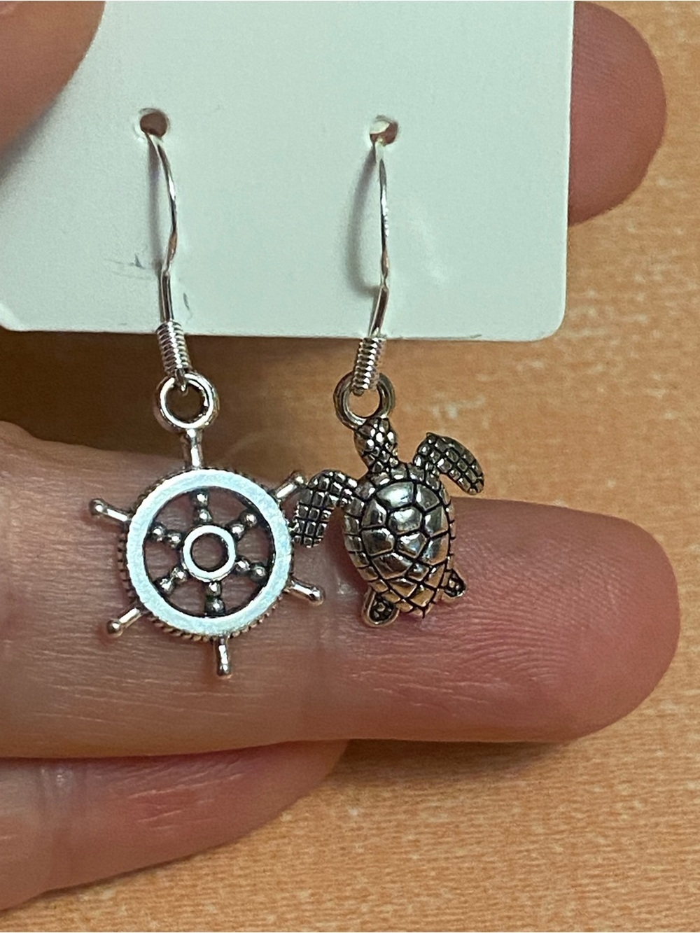 Silver Turtle and Ship Wheel Dangle Earrings - Nautical Charm